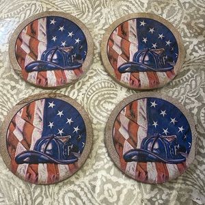 4 Firefighters hat with American Flag thirsty stone coasters